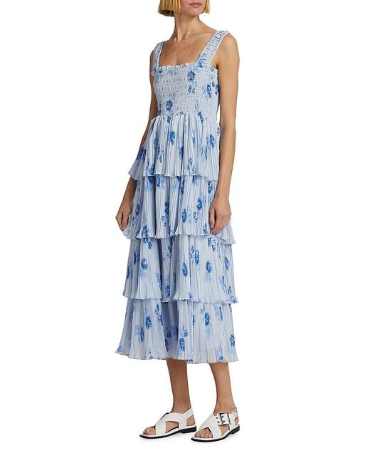 Ganni Blue Floral Pleated Georgette Midi-Dress