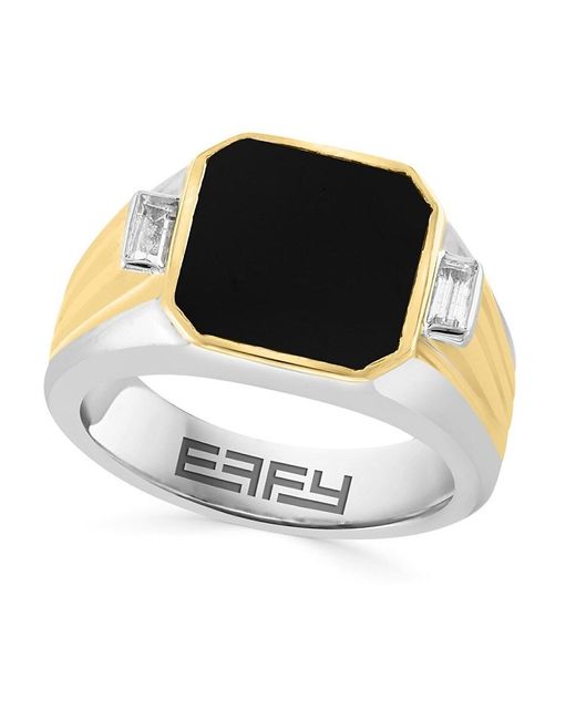 Effy Black 14k Yellow Gold, Sterling Silver, Onyx & White Topaz Signet Ring for men