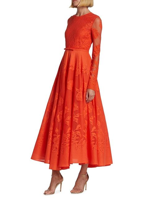 Giambattista Valli Red Floral Lace Fit & Flare Midi Dress