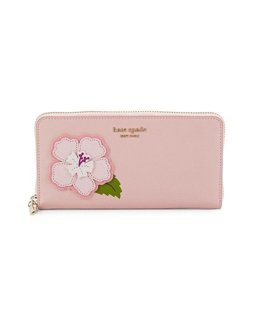 Kate Spade Hawaii Floral Appliqué Leather Zip Around Wallet in Pink | Lyst