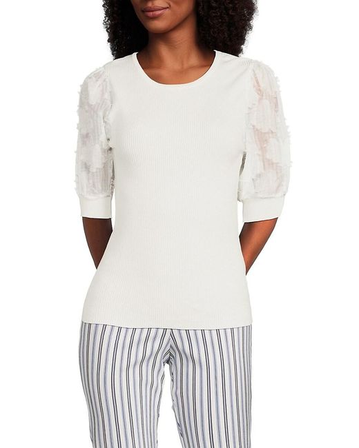 Tahari White Ribbed Blouson Sleeve Top