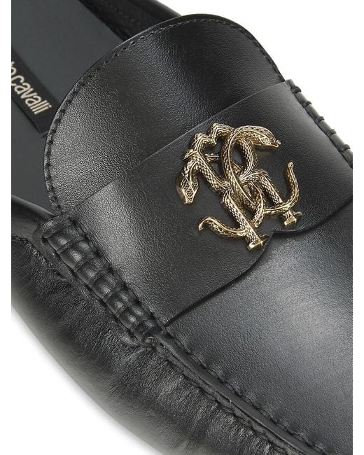 Roberto Cavalli Black Logo Leather Mules for men
