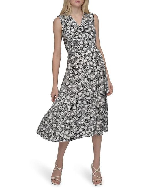 DKNY White Floral Faux Wrap Midi-Dress