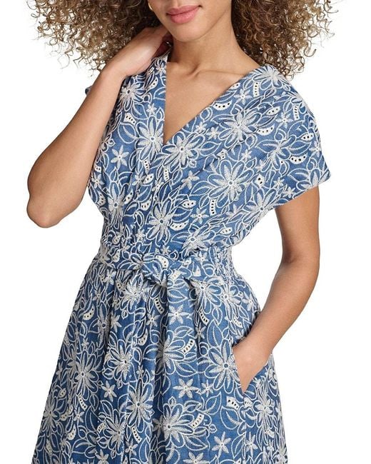 Kensie Blue Faux-wrap Embroidered Chambray Midi-dress