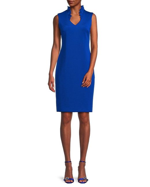 Calvin Klein Blue V Neck Ruffle Sheath Dress