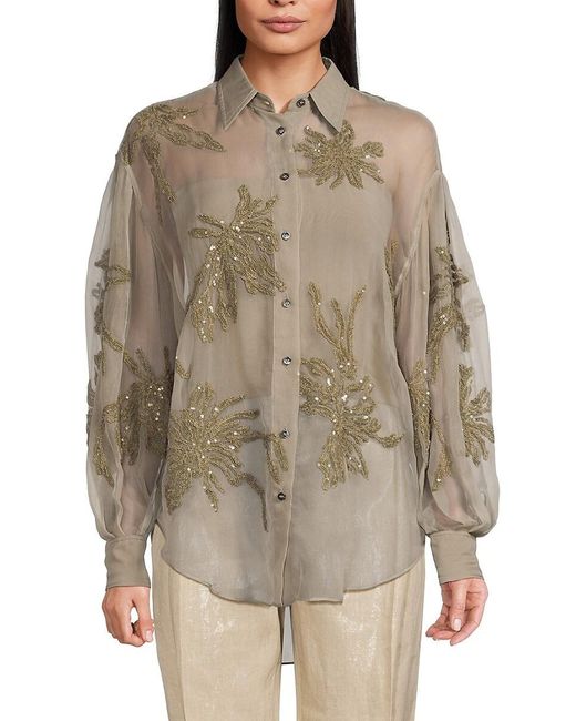 Brunello Cucinelli Gray Sequin Embroidery Button Down Silk Shirt
