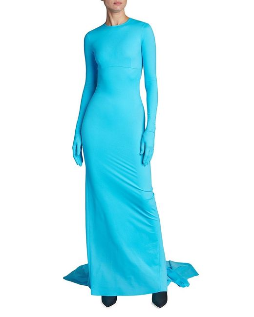 Balenciaga Blue Long Glove-sleeve Stretch Gown