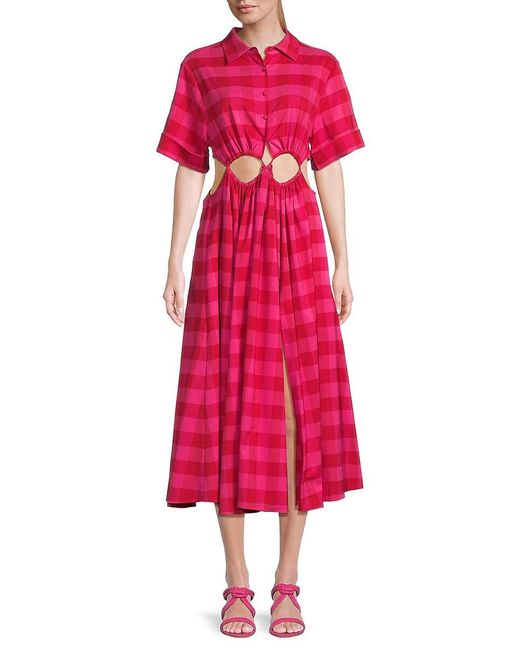 Cult Gaia Pink Keegan Checked Cutout Midi Dress
