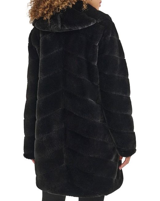 Kenneth Cole Black Grooved Faux Fur Long Coat