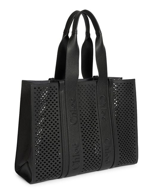 Chloé Black Large Woody Scalloped Leather Tote Bag