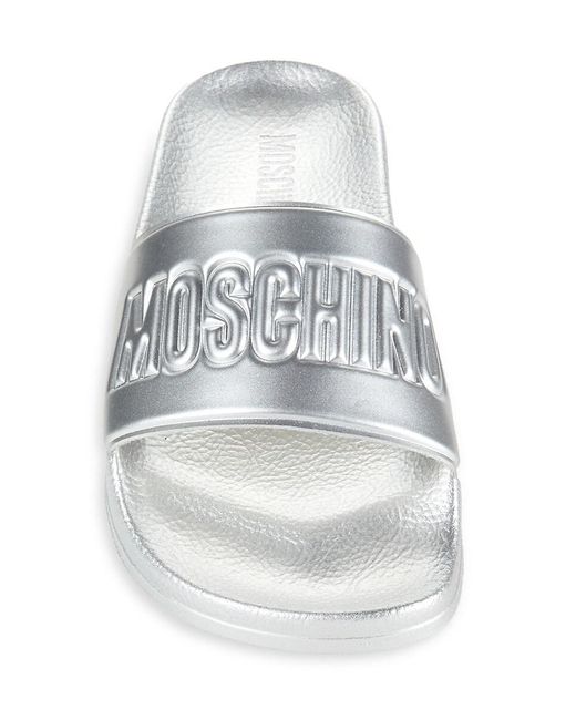 Moschino White Logo Metallic Slides