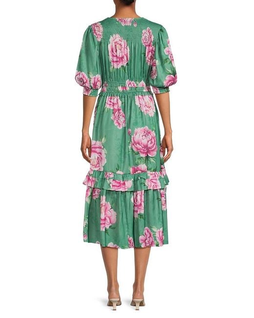 Tahari Green Floral Blouson Sleeve Midi-Dress