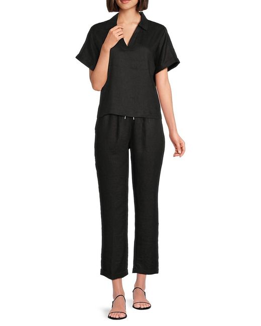 Saks Fifth Avenue Black 100% Linen Relaxed Fit Boxy Top