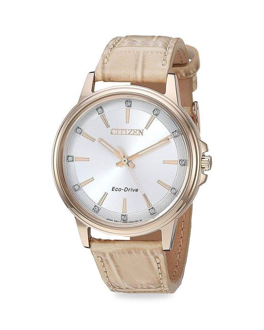 Citizen White 37mm Stainless Steel, Crystal & Croc Embossed Leather Strap Eco-drive Watch