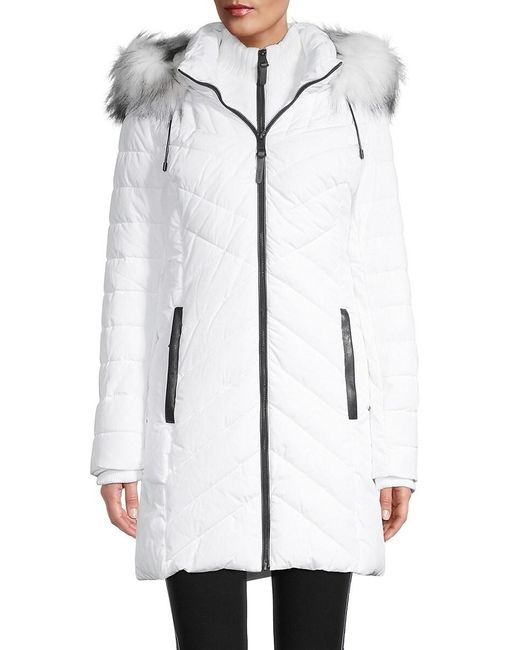 DKNY Faux Fur-trim Puffer Jacket in White - Lyst