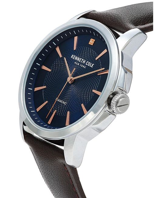 Kenneth Cole Blue Genuine Diamond 44mm Stainless Steel & Leather Strap Watch for men