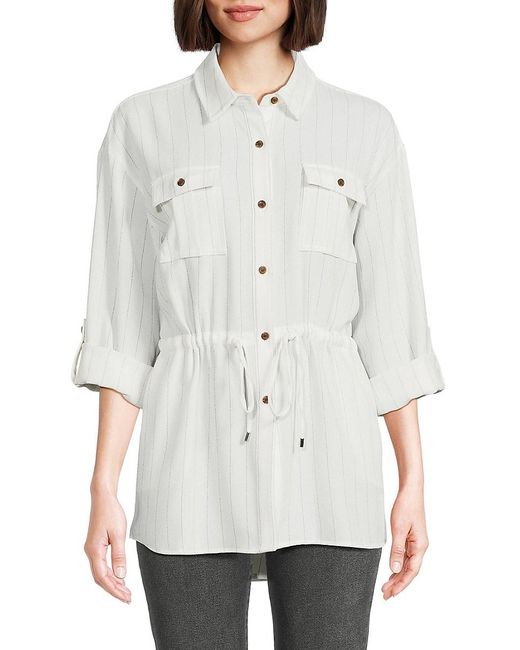 Calvin Klein White Striped Cinched Waist Shirt