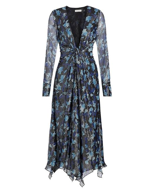 Ramy Brook Brown Tatia Floral Metallic Silk Twist Midi-Dress