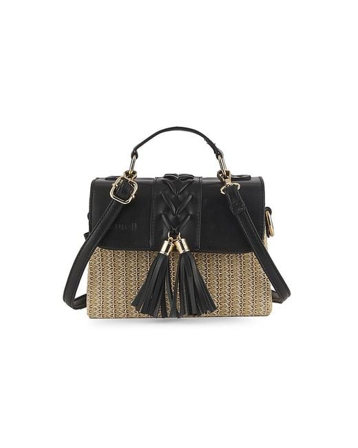 Surell Black Woven Straw & Faux Leather Top-handle Bag