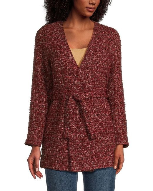 AREA STARS Red Calla Tie-Waist Bouclé Cardigan