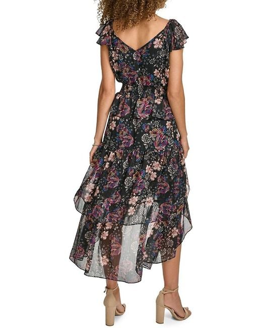Kensie Black Ruffle Floral High-Low Midi-Dress