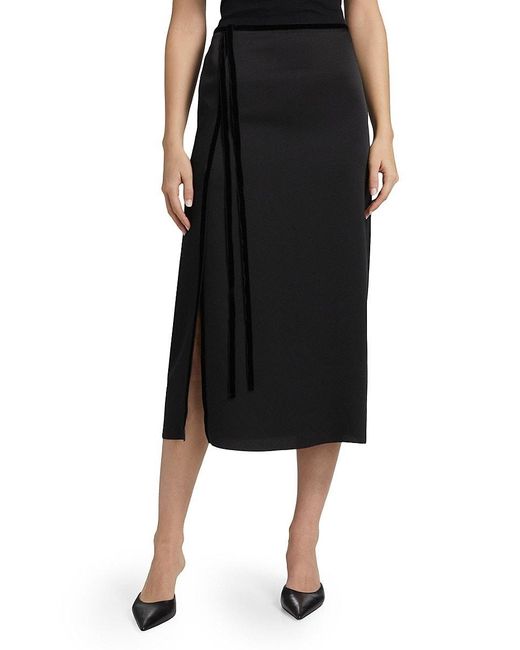 Vince Black Velvet Trim Side-Slit Midi-Skirt