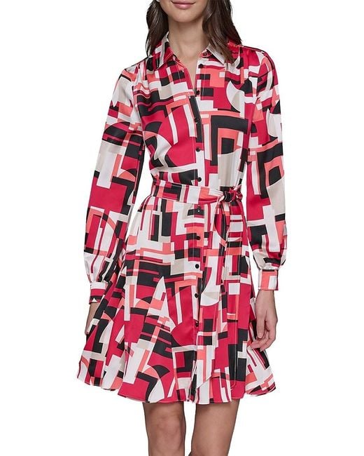 Karl Lagerfeld Red Printed Long-Sleeve Tie-Waist Minidress