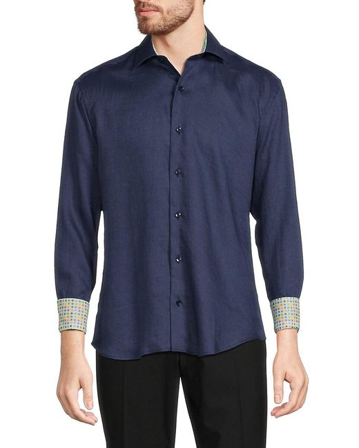 Bertigo Blue Contrast Cuff Linen Shirt for men