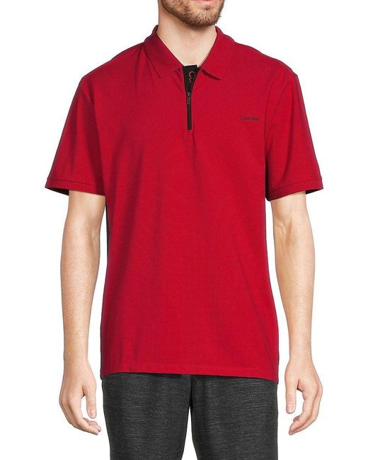 Calvin Klein Logo Partial Zip Polo in Red for Men | Lyst