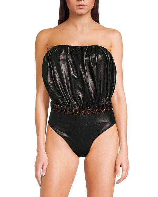 WeWoreWhat Black Billow Embellished Belted One Piece Swimsuit