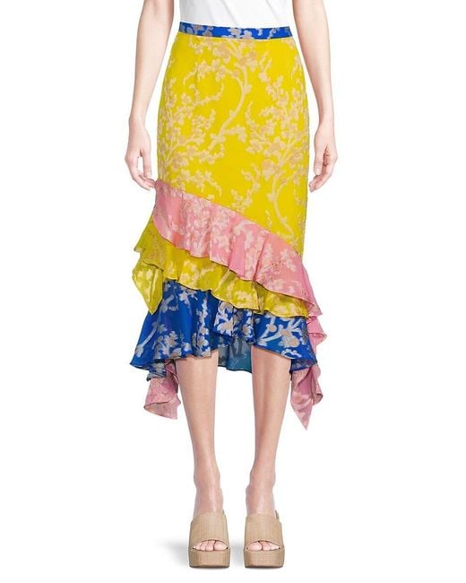 Saloni Multicolor Lace Tiered Ruffle Midi Skirt