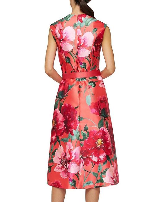 Kay Unger Red Rosemund Floral Mikado Midi-Dress