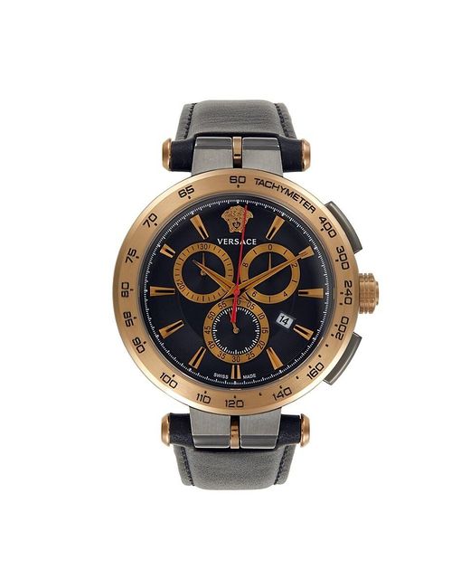 Versace Black Aion Chrono 45mm Stainless Steel Case & Leather Strap Chronograph Watch for men
