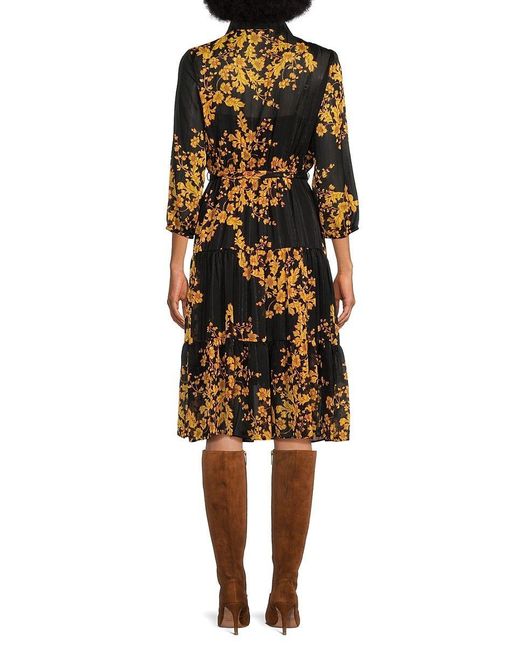 Nanette Lepore Floral Belted Midi Shirt Dress in Black | Lyst