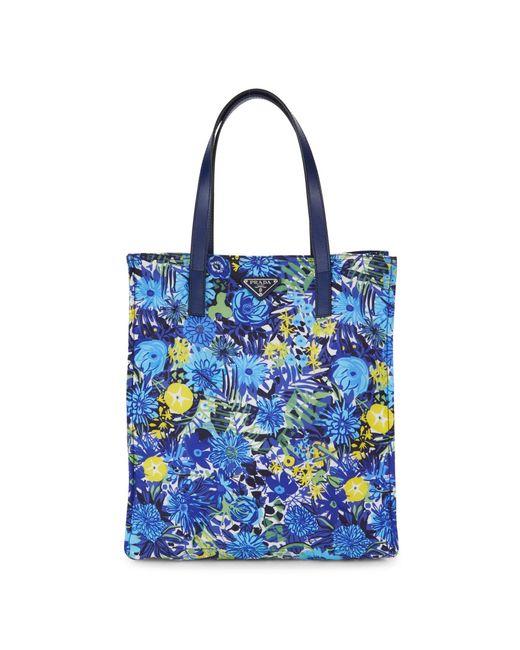 Prada Blue Leather-trimmed Floral Shopping Tote Bag
