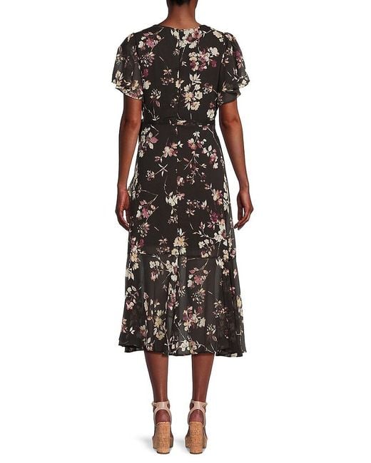 DKNY Black Floral Crinkled Chiffon Wrap Midi-Dress