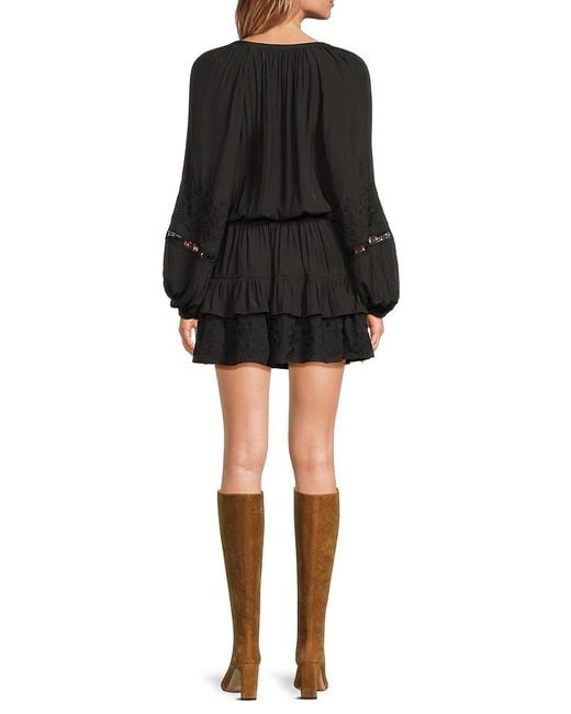 Ramy Brook Black Tiered Long-Sleeve V-Neck Minidress