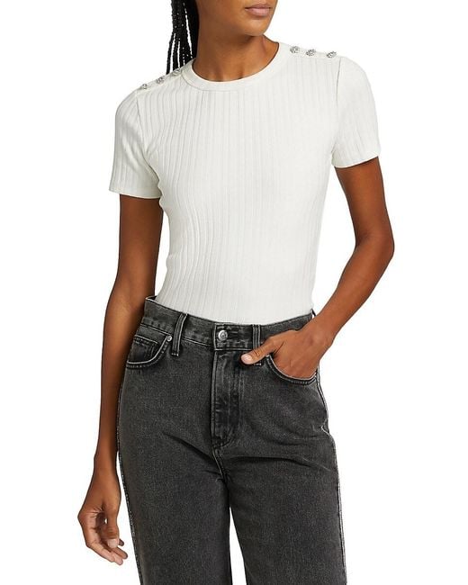 Veronica Beard White Draya Embellished Knit Crop T-Shirt