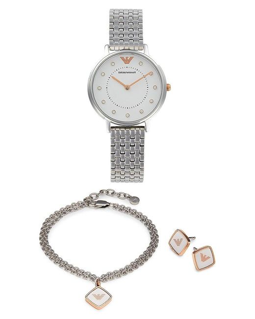 Emporio Armani White 3-piece Stainless Steel 32mm Watch, Bracelet & Earring Gift Set