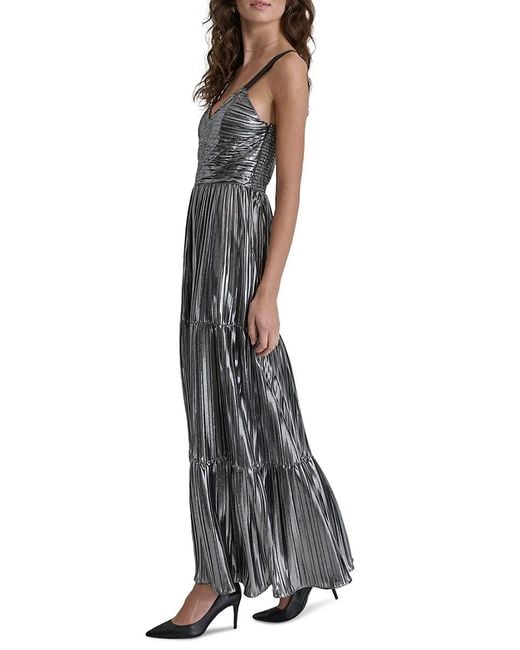 DKNY Gray Sleeveless Foil Plissé Maxi Dress