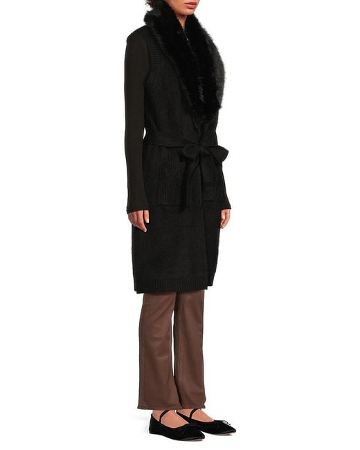 Saks Fifth Avenue Black Faux-fur-trim Longline Cardigan