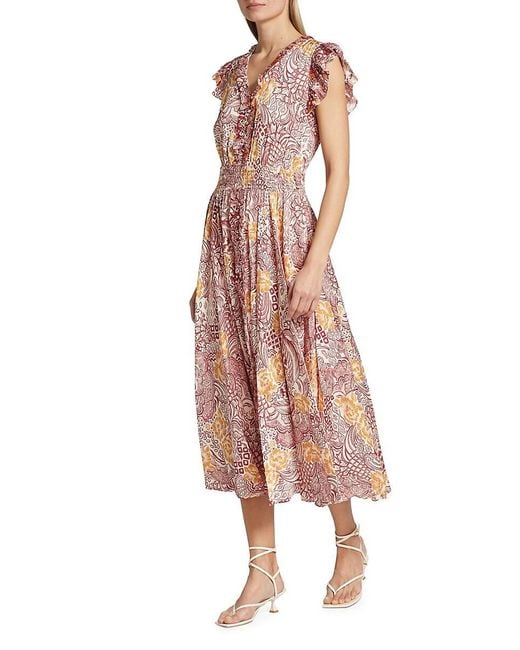 Tahari Pink Mae Printed Silk Blend Midi Dress