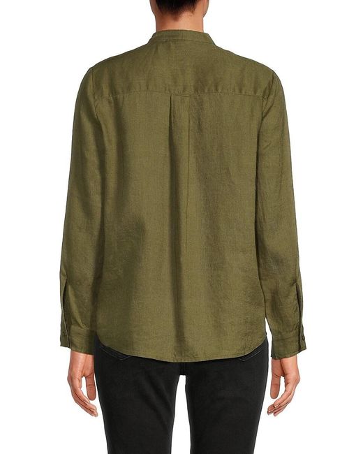 Saks Fifth Avenue Green Band Collar 100% Linen Shirt
