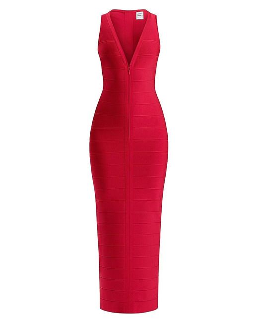 Hervé Léger Red Beth Sheer Stripe Fluted Dress