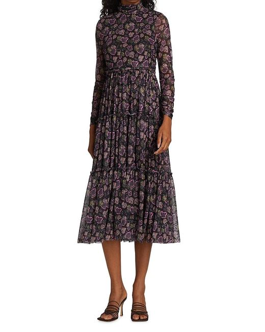 Cinq Ã Sept Synthetic Kourt Leaf-print Tiered Dress in Black | Lyst