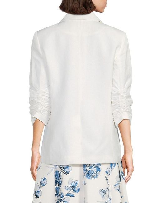 Calvin Klein White Ruched Sleeve Linen-Blend Blazer