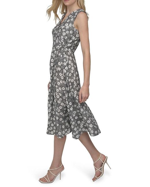 DKNY White Floral Faux Wrap Midi-Dress