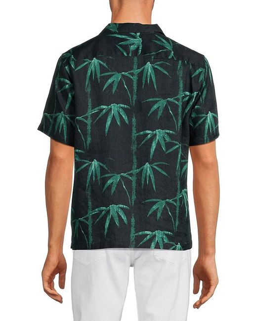Theory Green Irving Plam Print 100% Linen Camp Shirt for men