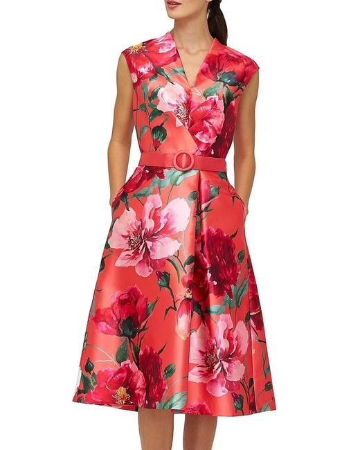 Kay Unger Red Rosemund Floral Mikado Midi-Dress