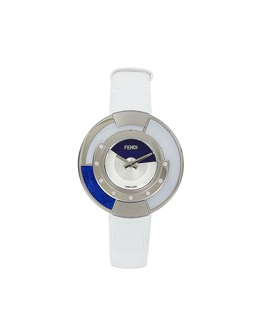 Fendi Blue Policromia 34mm Diamond, Stainless Steel & Leather Strap Watch